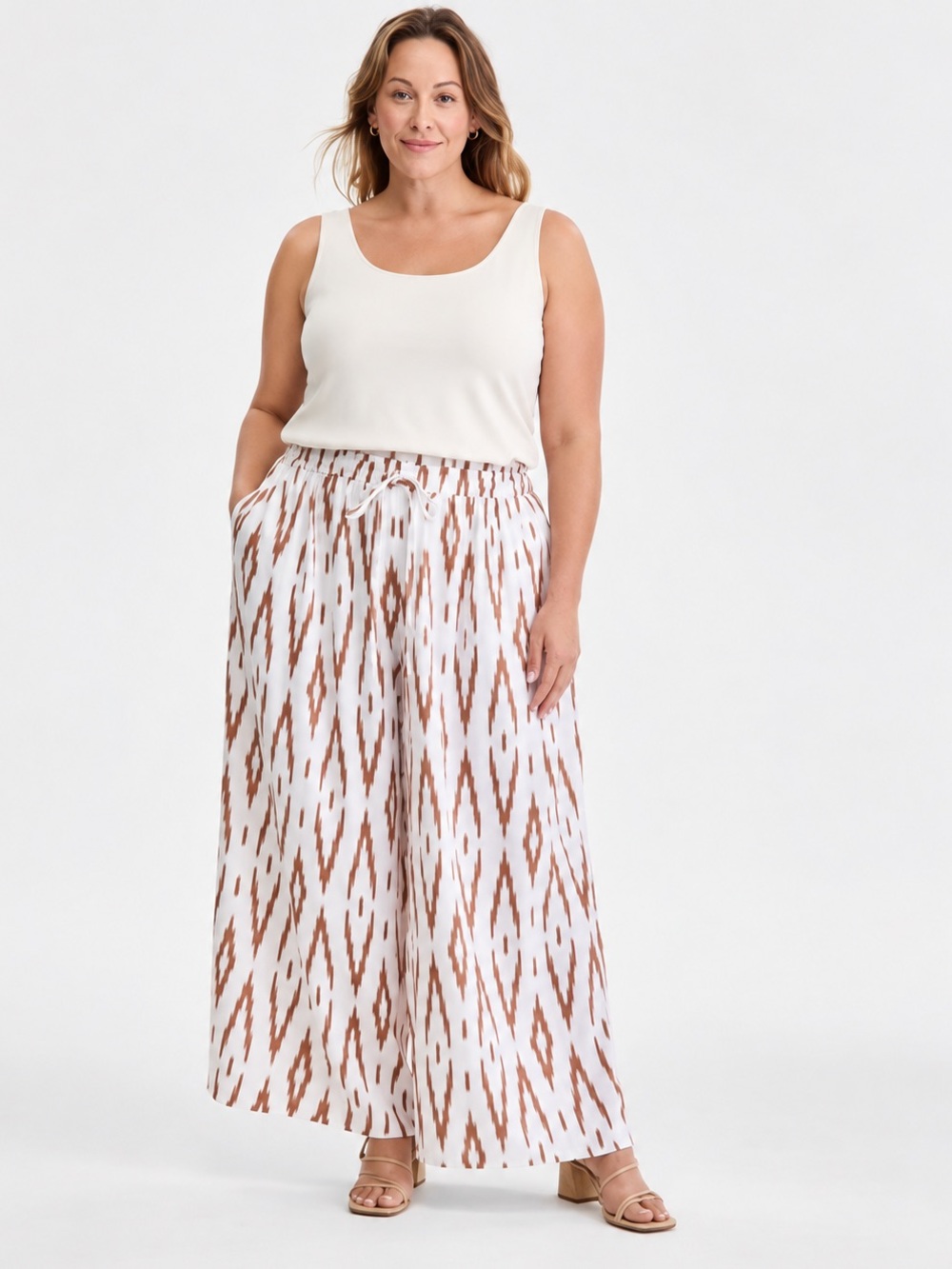 NWT Vince Camuto Plus White Brown Linen Flowy Wide Leg Palazzo Pants 3X